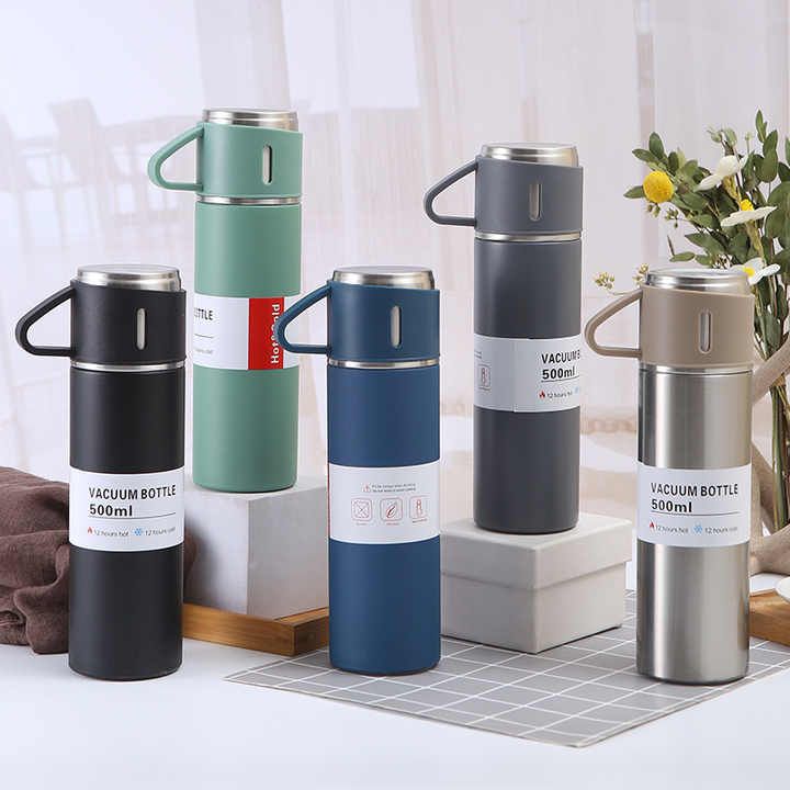 Imported Vacuum Flask Set Stainless Steel Thermos 500-ML Bottle & 3 Cups Set