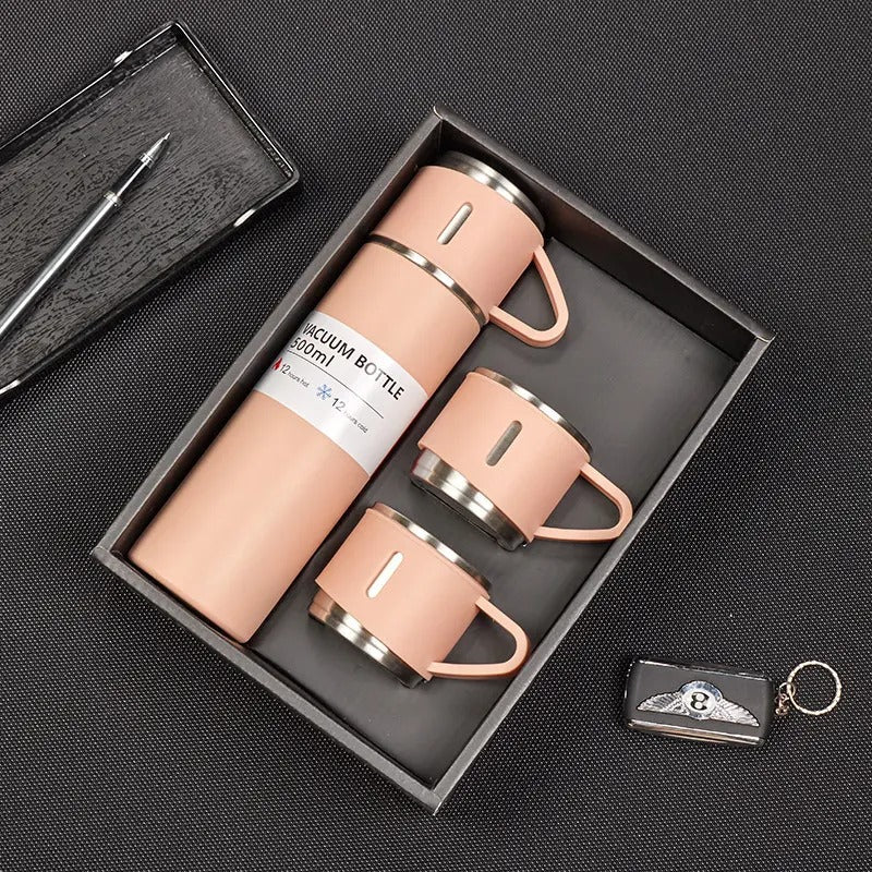 Imported Vacuum Flask Set Stainless Steel Thermos 500-ML Bottle & 3 Cups Set