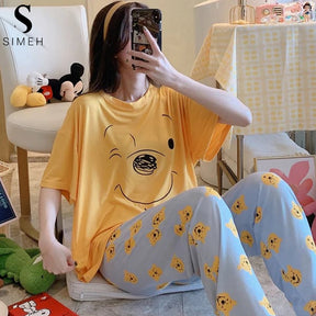 Yellow Colour Winnie The Pooh Printed Design Full Sleeves Round Neck Ladies Night Suit Comfortable Pajama Suit Printed Night Dress For Women & Girls