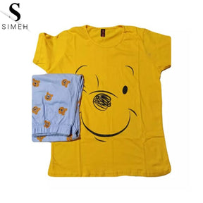 Yellow Colour Winnie The Pooh Printed Design Full Sleeves Round Neck Ladies Night Suit Comfortable Pajama Suit Printed Night Dress For Women & Girls