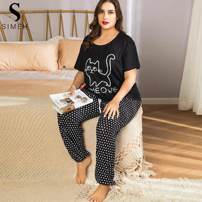 Meow Cat Style Printed Design Ladies Sleepwear Night Dress With Shirt And Trouser (complete Sleeping Suit) For Women And Girls