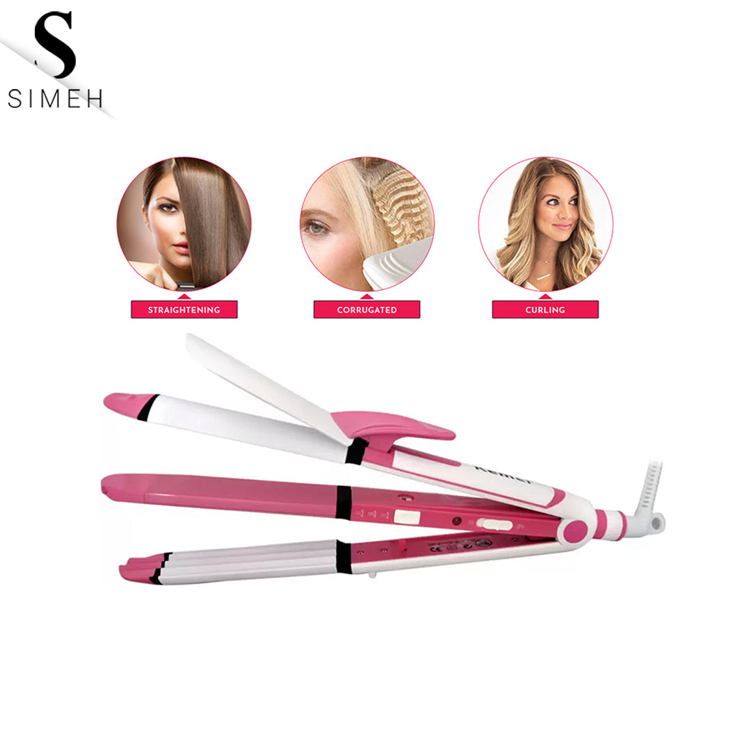 KEMEI 3 IN 1 PROFESSIONAL HAIR STRAIGHTENER + CURLER & CRIMPER