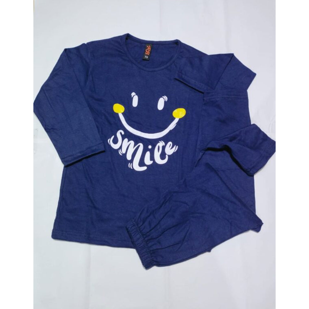 Dark Blue Smile Printed Design Styles Kids Night Suits Full Sleeves Kids Night Suits Kids Sleep Wear Kids Night Dress