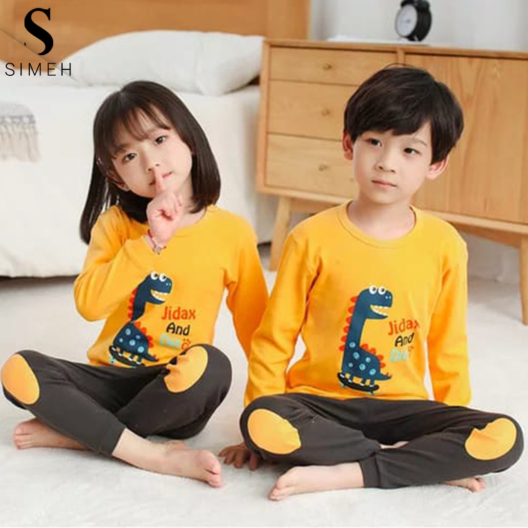 Yellow Color Dinosaur Jidax And Din Printed Design Styles Kids Night Suits Full Sleeves Kids Night Suits Kids Sleepwear Kids Night Dress